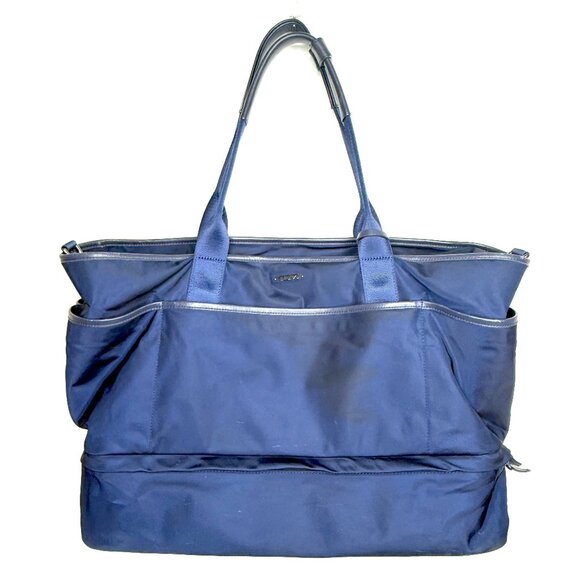 Tumi Nylon Double Leather Handles Zip Top Travel Carry On Tote Bag Womens Blue - Picture 1 of 13